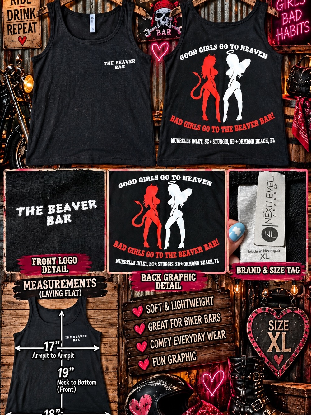 Next Level Apparel The Beaver Bar Black Tank Top with Red & White Graphic